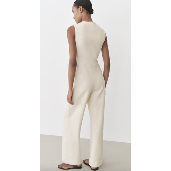 MANGO Sleeveless Tweed Jumpsuit in Cream Size Small - Picture 9 of 9